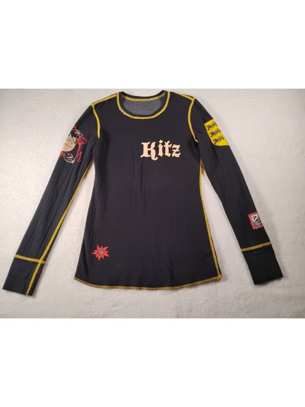 Vtg Alp N Rock Henley Shirt Kitz Graphic Print Cross Stitch Base Layer Sz 1 Blk